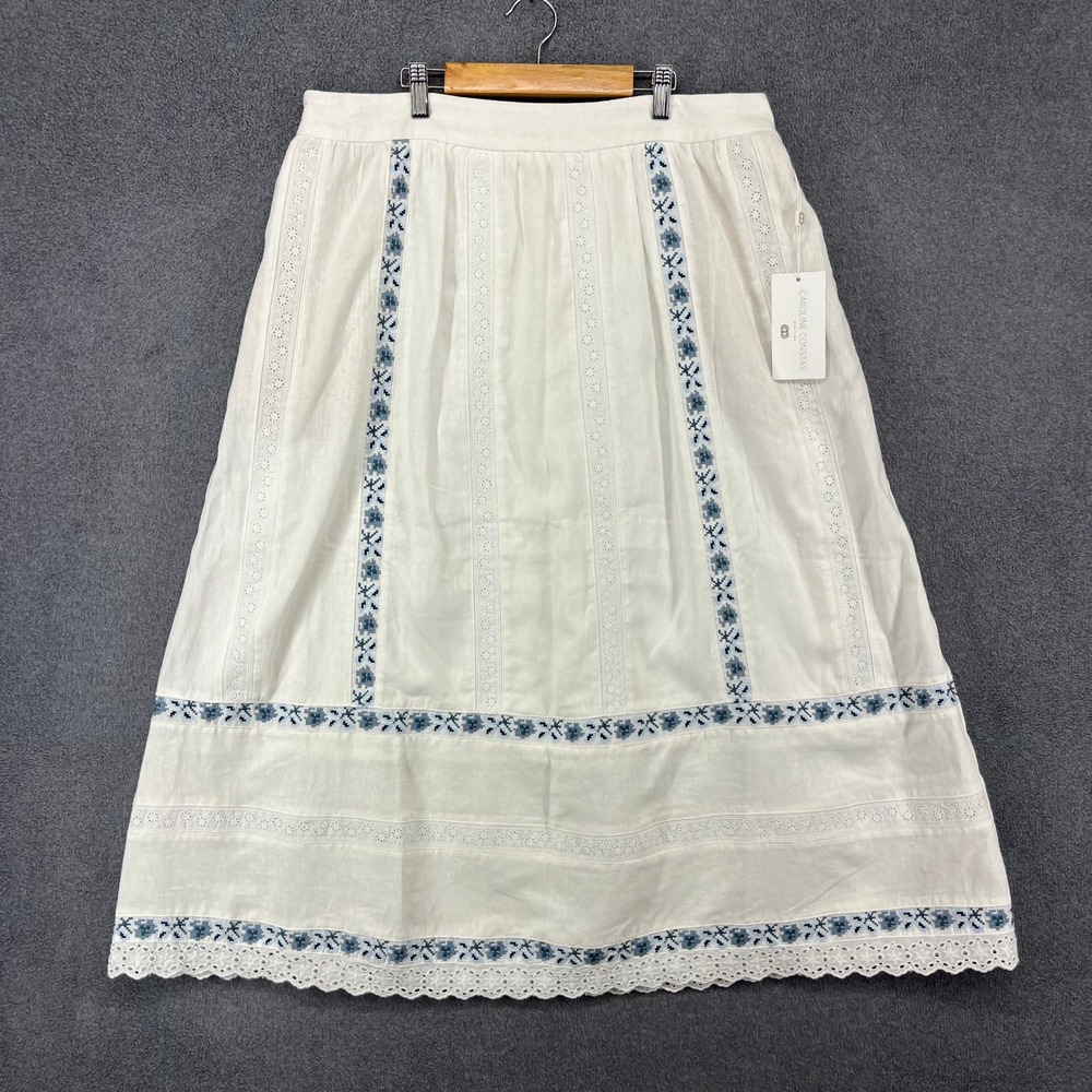 Caroline Constas Midi Skirt Womens L White Blue Floral Embroidered Eyelet Linen